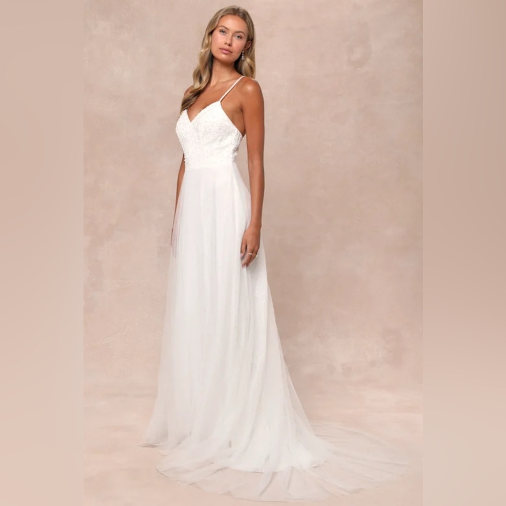 LULUS “Love Perfection” White Lace Tulle Beaded Wedding Dress, XS, NWT - Picture 3 of 7